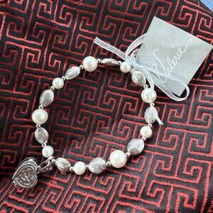 Valerie Parr Hill Faux Pearl Silver Tone Bead Prayer Box Charm Stretch Bracelet